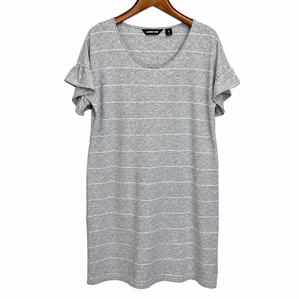 Lands End Womens Gray Striped Ruffle Sleeve T-Shirt Dress M 10-12 508330